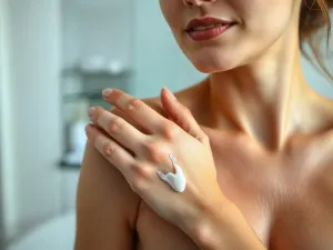 Kobieta nakłada serum na zdrową, promienną skórę twarzy w jasnej, minimalistycznej łazience.