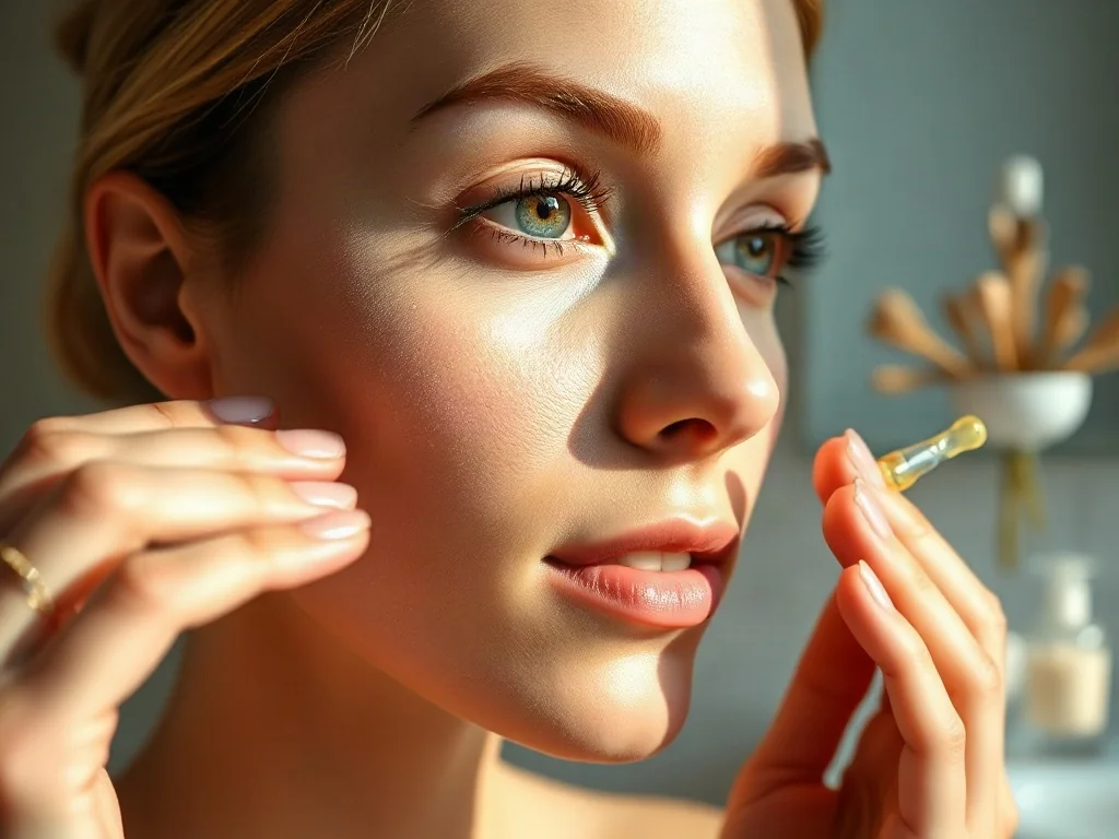 Kobieta delikatnie wklepuje rozświetlające serum w skórę twarzy, dbając o jej nawilżenie w jasnej, nowoczesnej łazience.