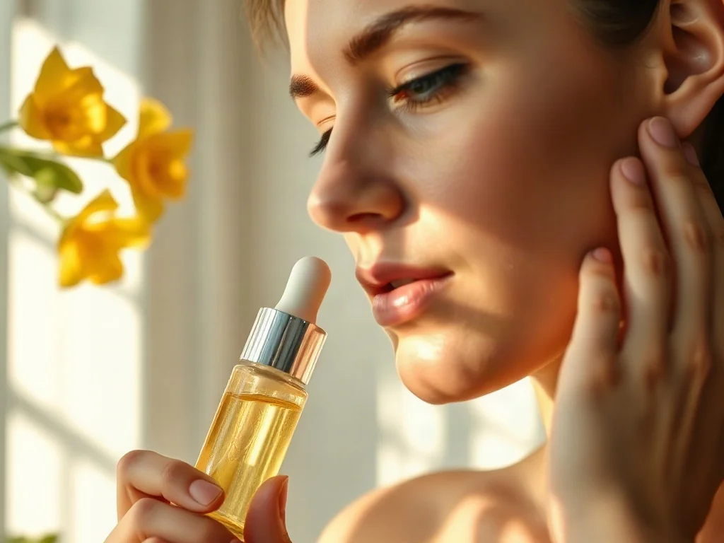 Kobieta nakładająca rozświetlające serum na gładką skórę w otoczeniu roślinnych motywów, podkreślające naturalną pielęgnację.