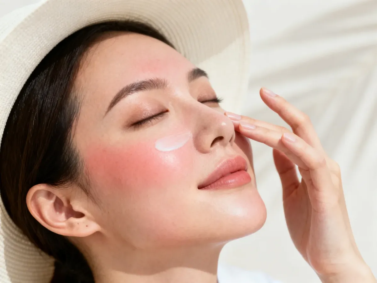 Nakładanie kremu SPF 50 na zagojoną, zaczerwienioną skórę po zabiegu laserowym