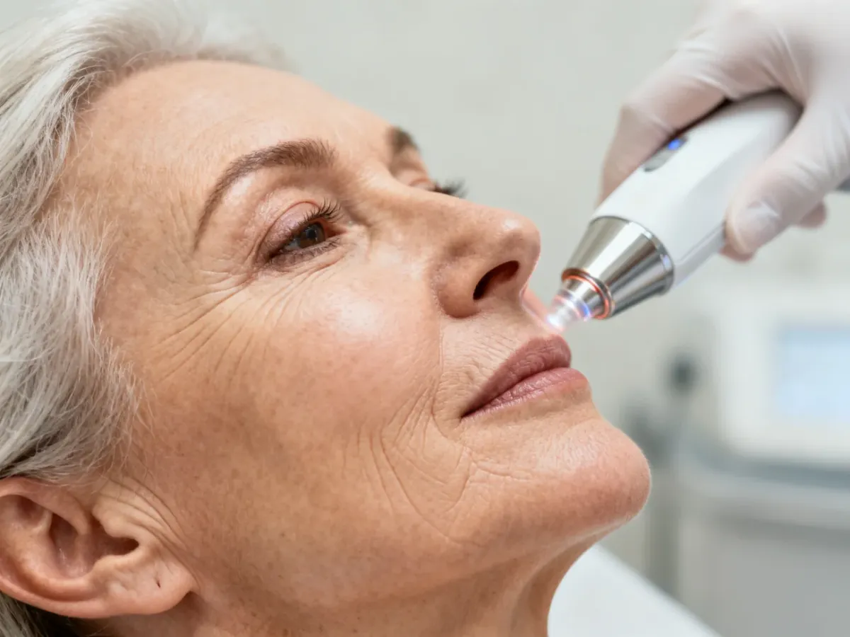 Laserowy zabieg odmładzający wykonywany na skórze twarzy w klinice dermatologicznej