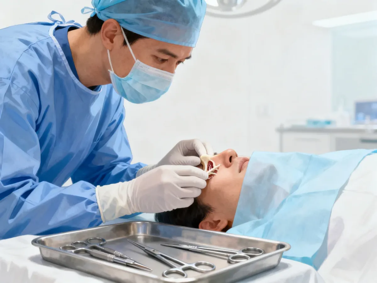 Chirurg oceniający struktury nosa podczas otwartej rhinoplastyki
