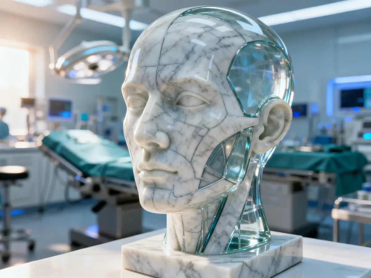 Model anatomiczny twarzy w klinicznym oświetleniu, podkreślający precyzję i estetykę zabiegów chirurgicznych.