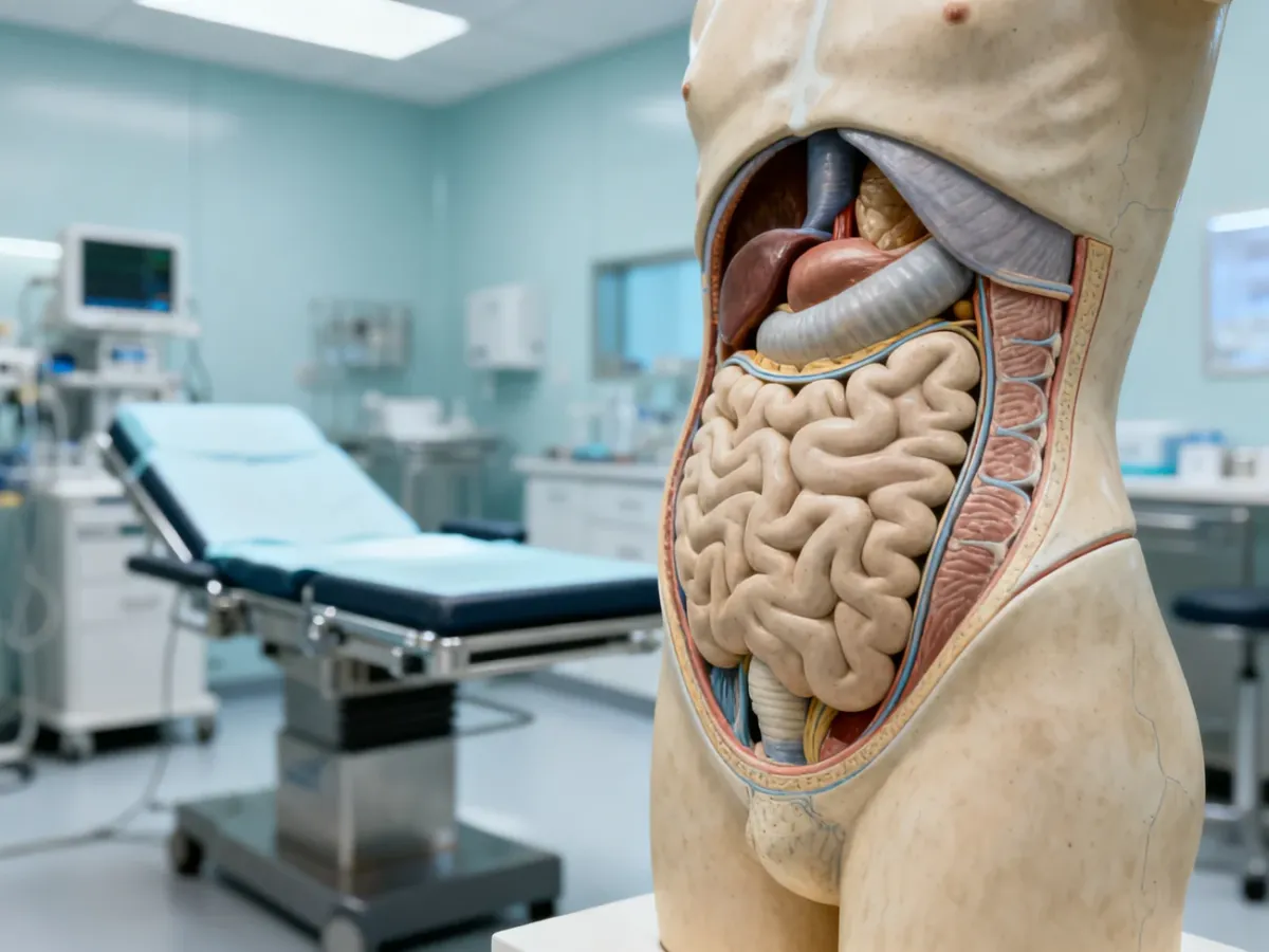 Anatomiczna ilustracja medyczna przedstawiająca obszar jamy brzusznej w profesjonalnym gabinecie chirurgicznym.