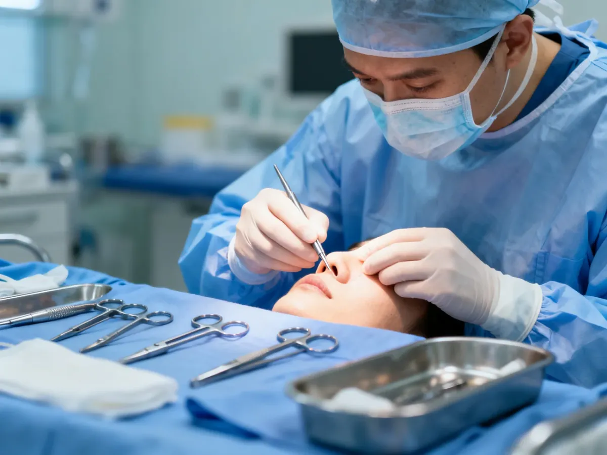 Chirurg wykonujący precyzyjną operację nosa na sali operacyjnej