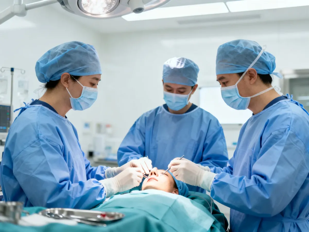 Zespół chirurgiczny podczas przygotowania do operacji nosa na sali operacyjnej