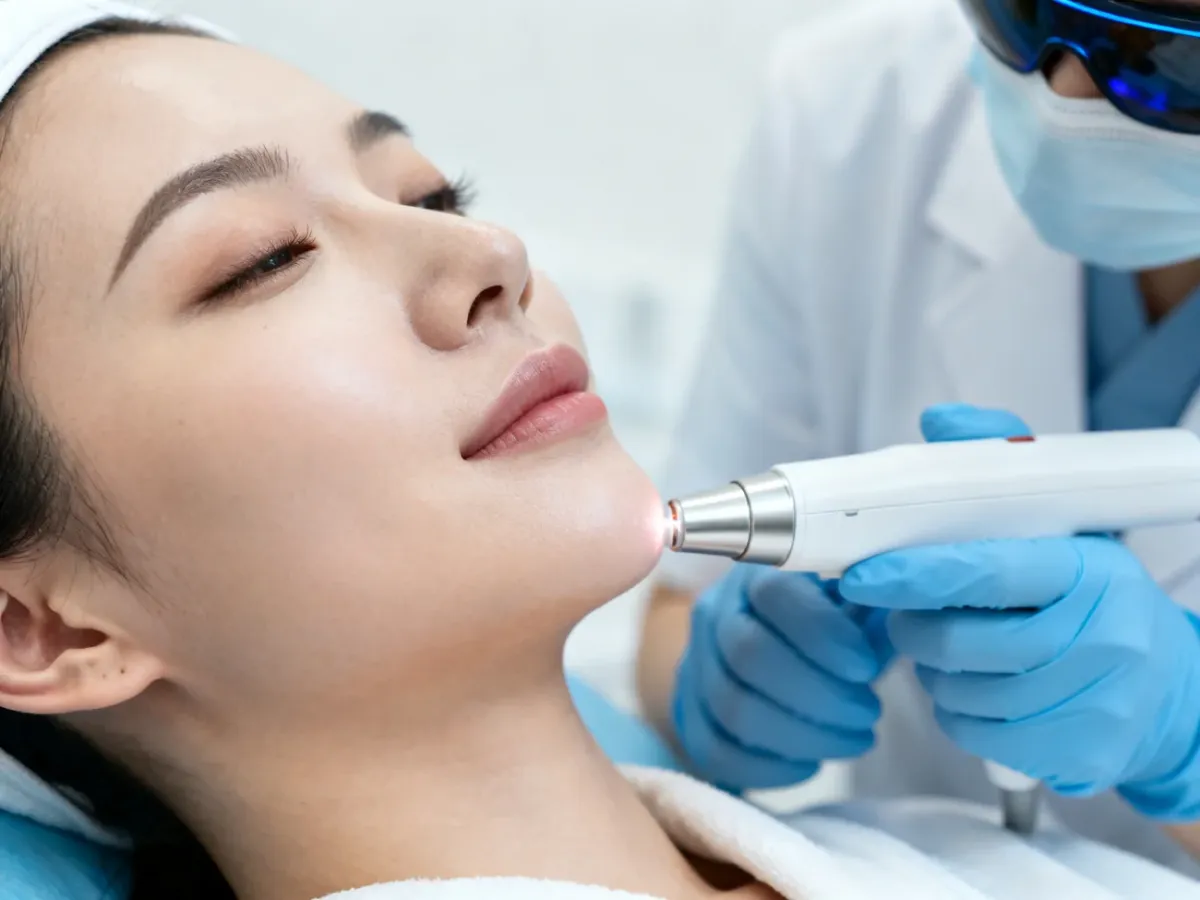 Zabieg laserem Er:YAG wykonywany na policzku w gabinecie dermatologicznym