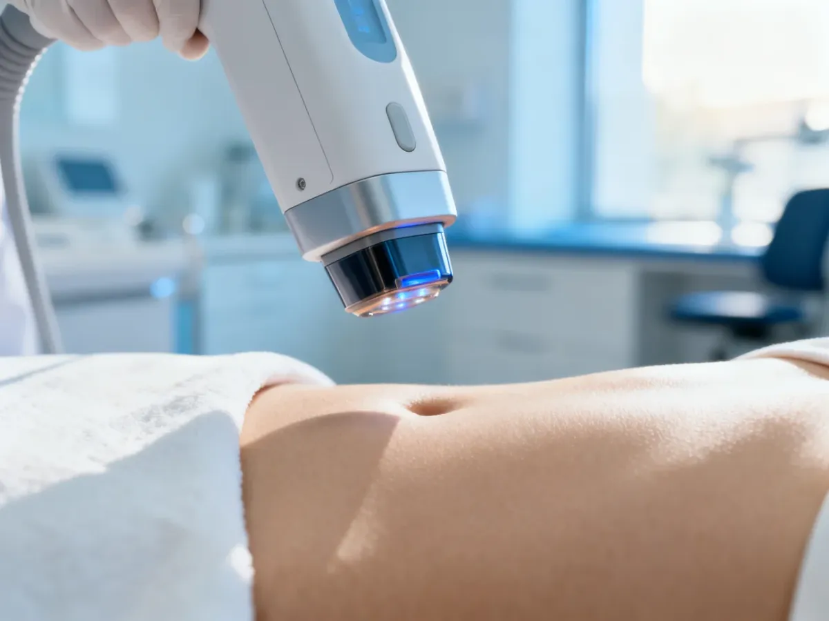 Głowica profesjonalnego lasera medycznego nad gładką skórą, obrazująca proces nowoczesnego usuwania trądziku.