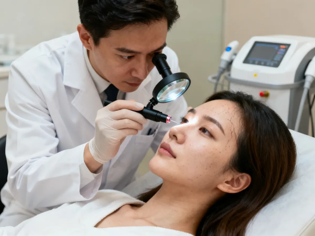 Lekarz oceniający naczynka na twarzy pacjentki w gabinecie dermatologicznym