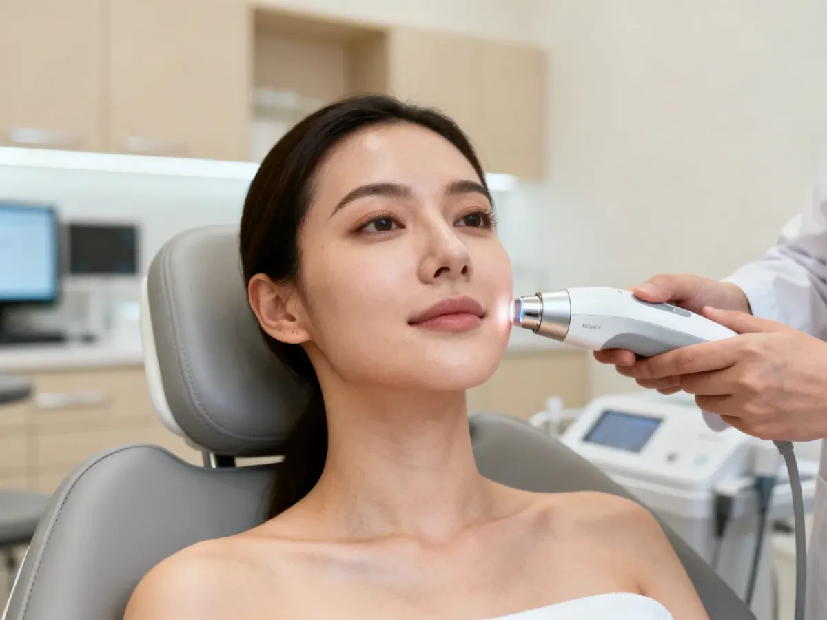 Zabieg laserem tulowym wykonywany na skórze twarzy w klinice dermatologicznej