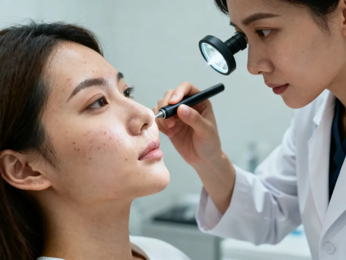 Lekarz oceniający blizny potrądzikowe na twarzy pacjenta w gabinecie dermatologicznym