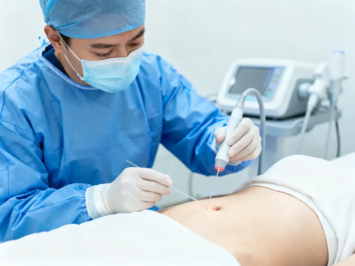 Lekarz wykonujący liposukcję laserową brzucha w sterylnych warunkach