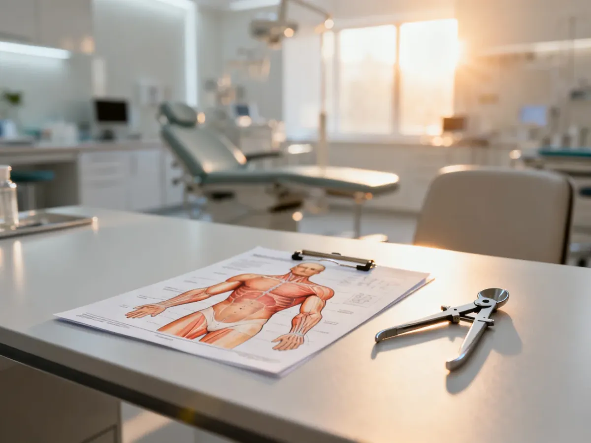 Gabinet lekarski z modelem anatomicznym tułowia i narzędziami pomiarowymi, przygotowany do konsultacji w sprawie zabiegu.