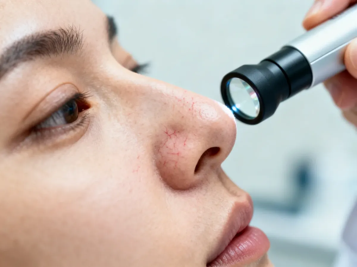 Dermatologist examining visible spider veins on a patient’s nose