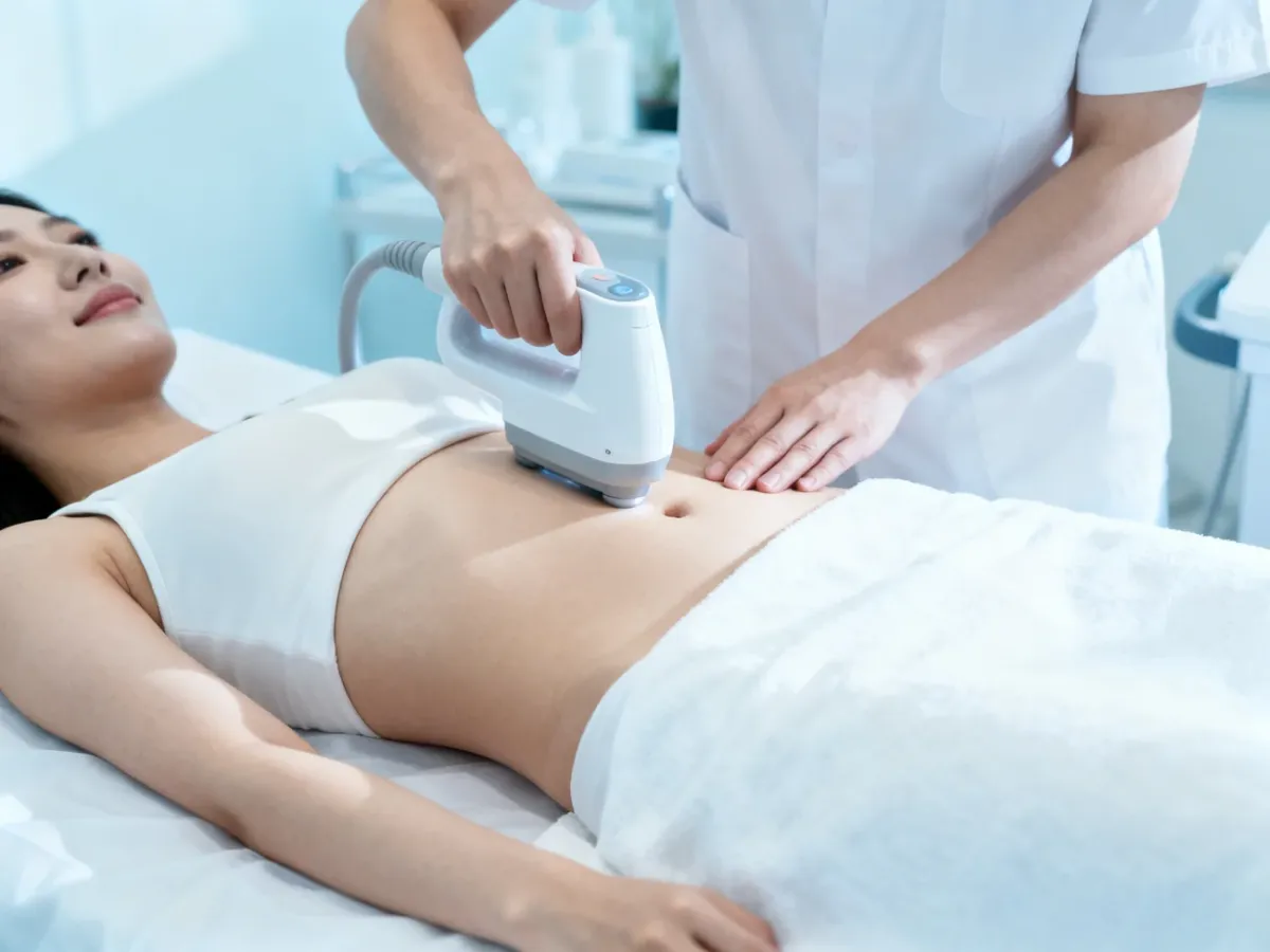 Zabieg liposukcji kawitacyjnej wykonywany głowicą ultradźwiękową na brzuchu