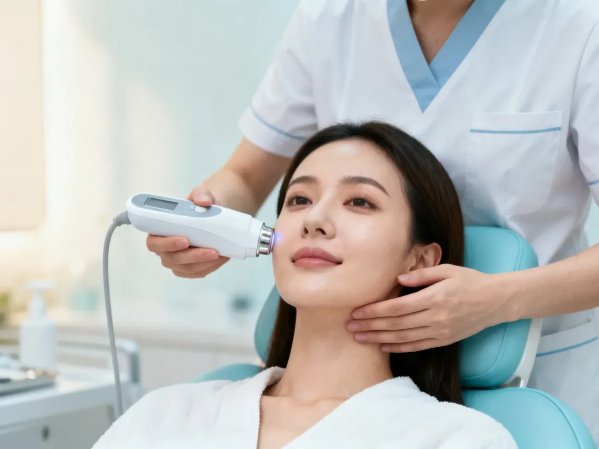 Pacjentka podczas nieinwazyjnego zabiegu pielęgnacyjnego twarzy w gabinecie dermatologicznym