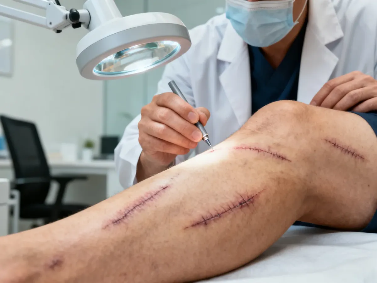 Lekarz oceniający wygląd i rodzaj blizny podczas konsultacji dermatologicznej
