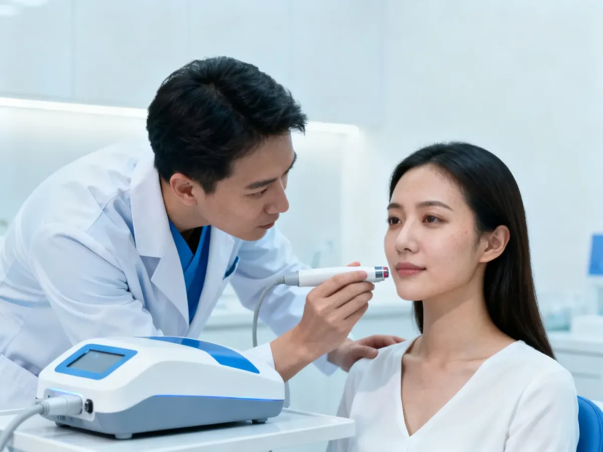 Specjalista oceniający przebarwienia skóry twarzy w gabinecie dermatologicznym