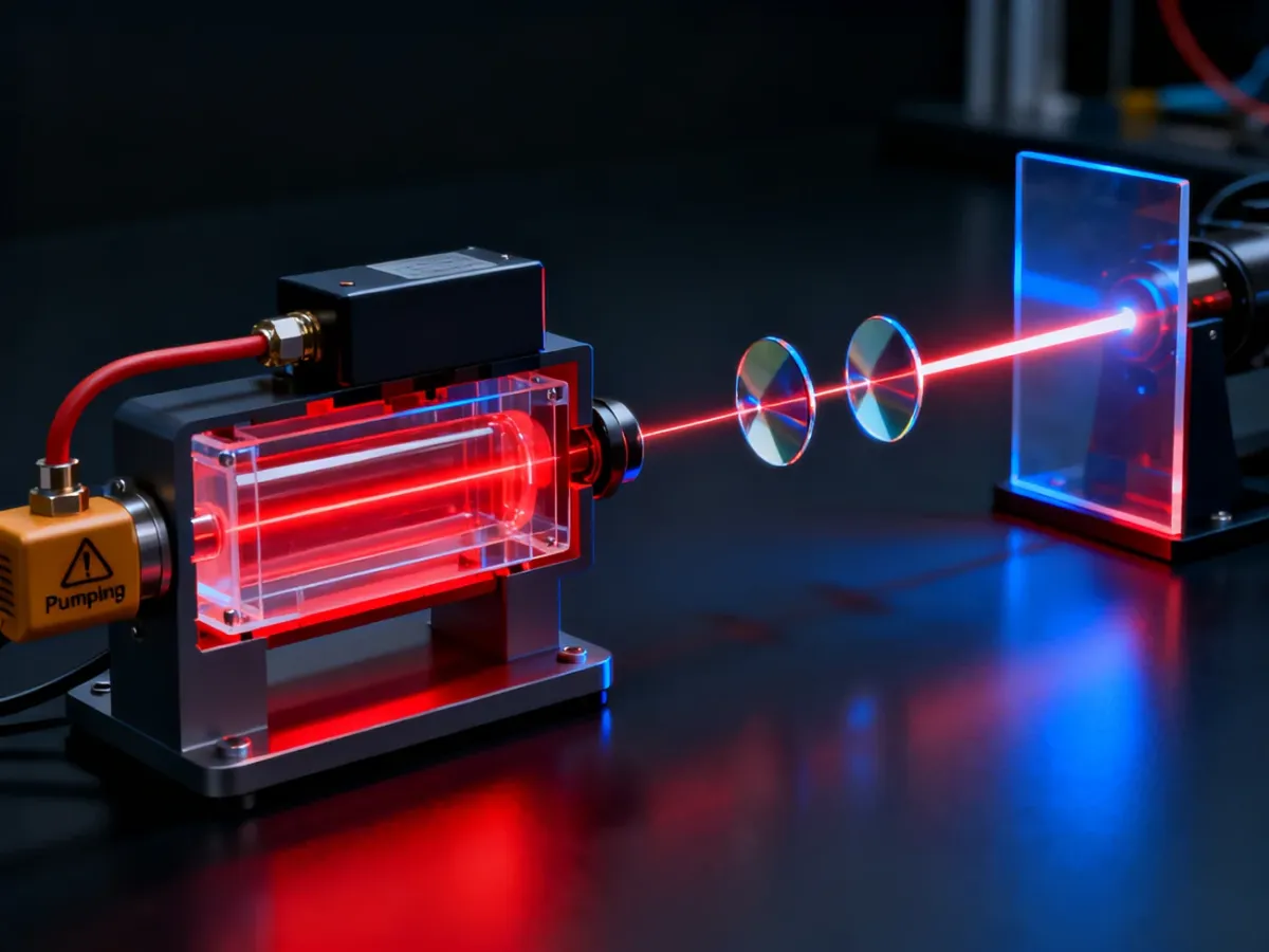 Schemat budowy lasera z ośrodkiem czynnym, zwierciadłami i wychodzącą wiązką światła