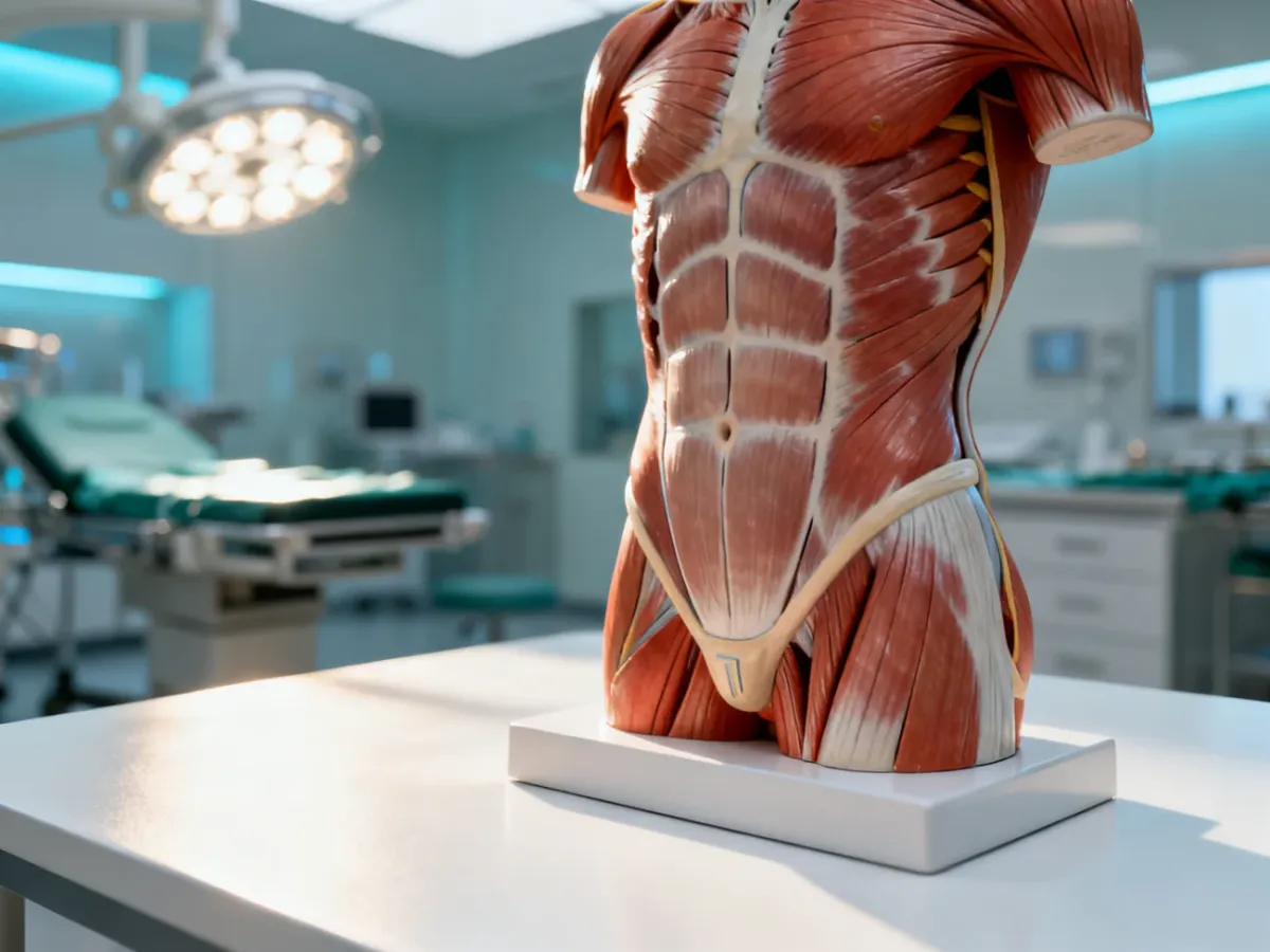 Anatomiczny model mięśni prostych brzucha na stole operacyjnym, obrazujący strukturę ściany jamy brzusznej.