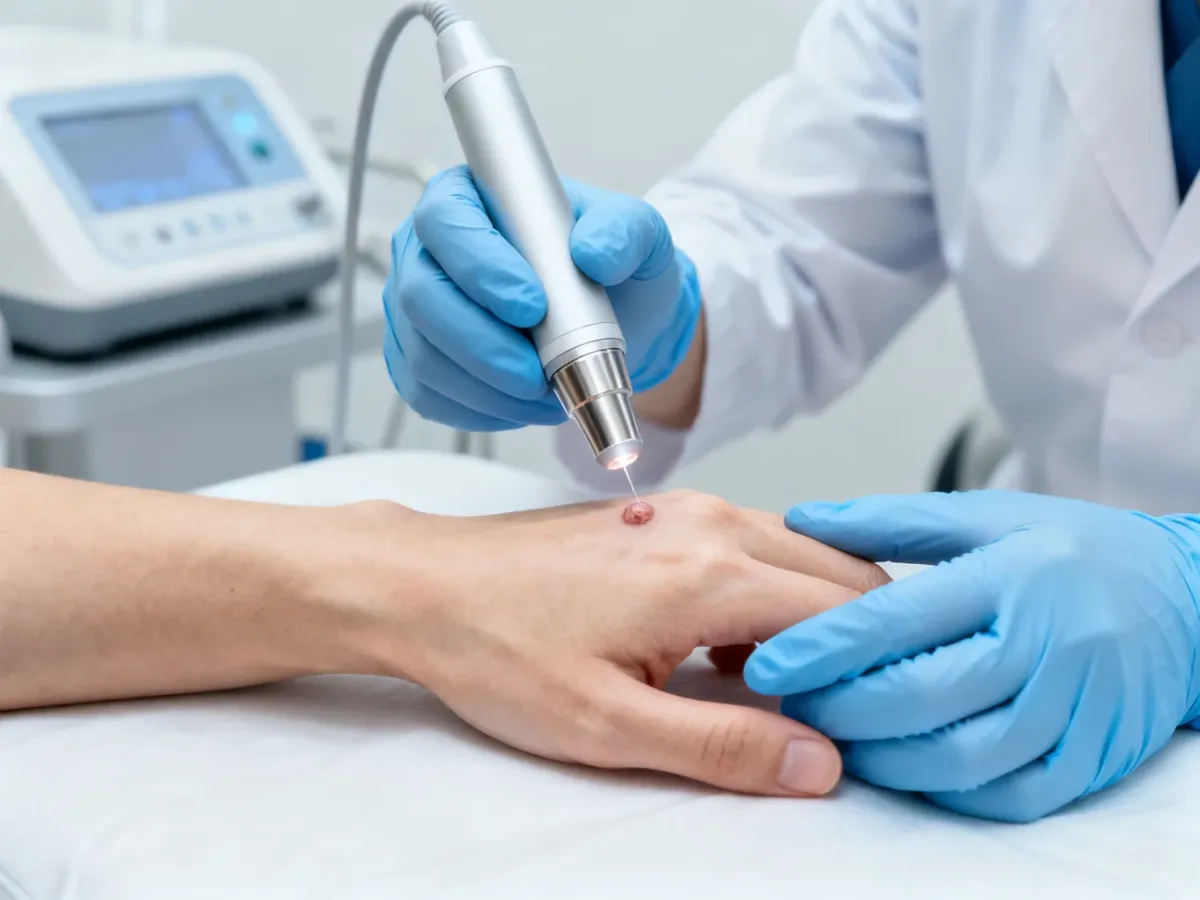 Lekarz wykonujący laserowe usuwanie kurzajki w gabinecie dermatologicznym