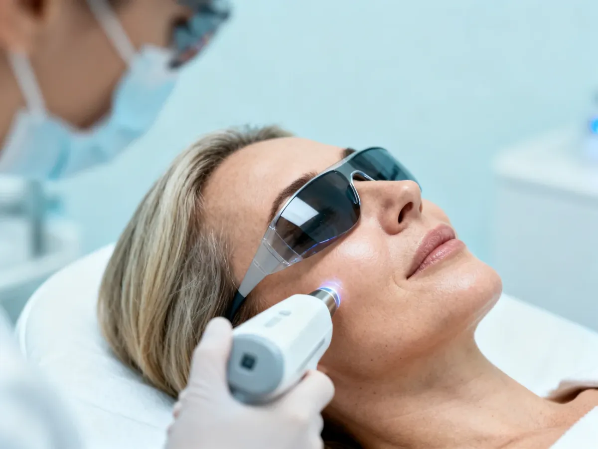 Kobieta podczas laserowego zabiegu odmładzania twarzy w klinice