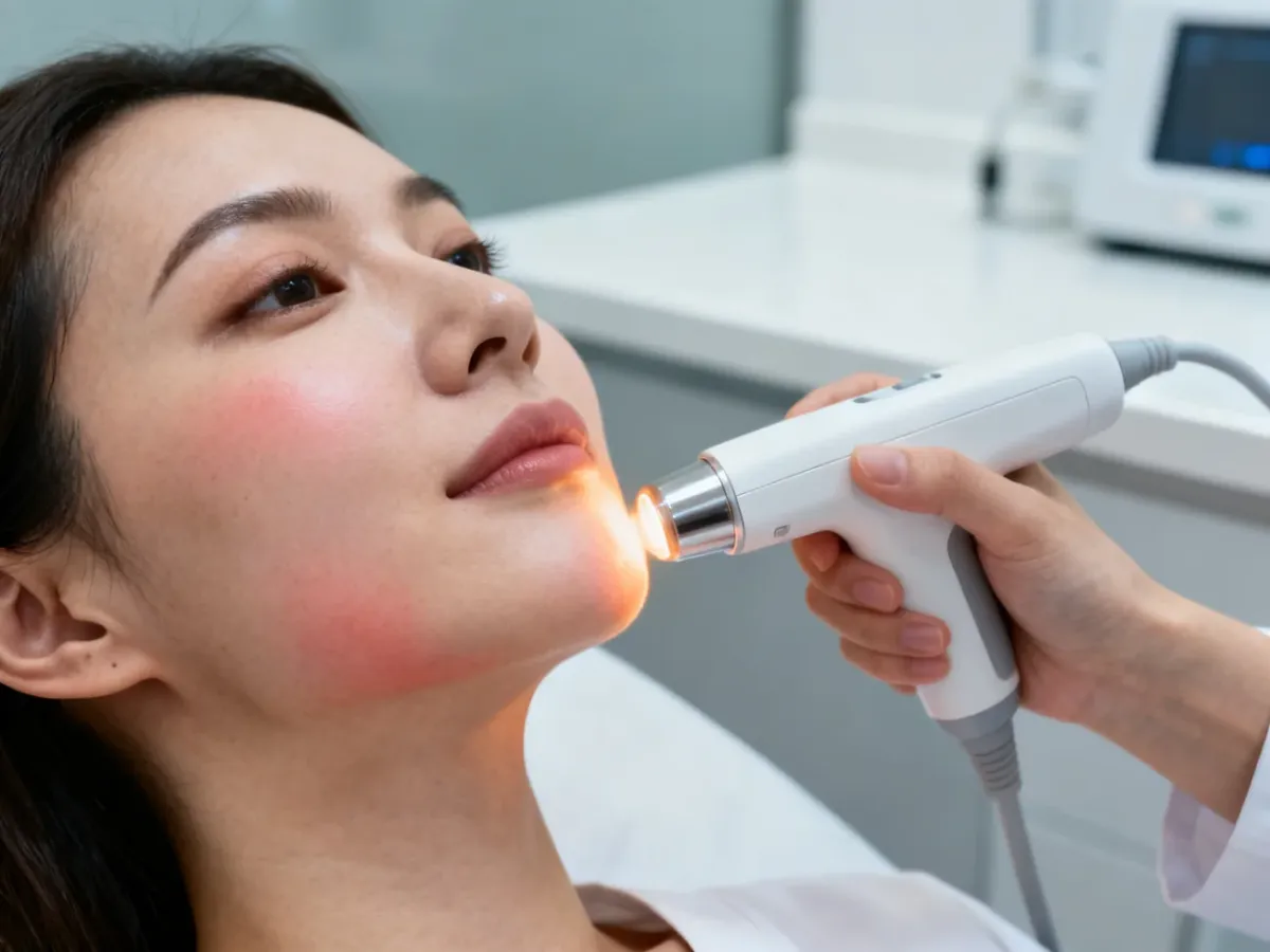 Zabieg laserem nieablacyjnym wykonywany na skórze twarzy w gabinecie dermatologicznym