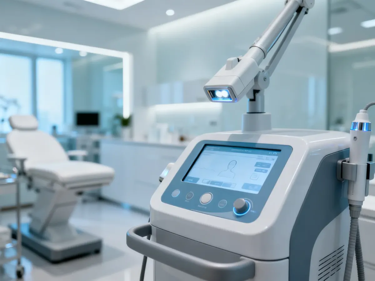 Nowoczesne urządzenie laserowe w profesjonalnym gabinecie dermatologicznym, gotowe do przeprowadzenia bezpiecznego zabiegu.