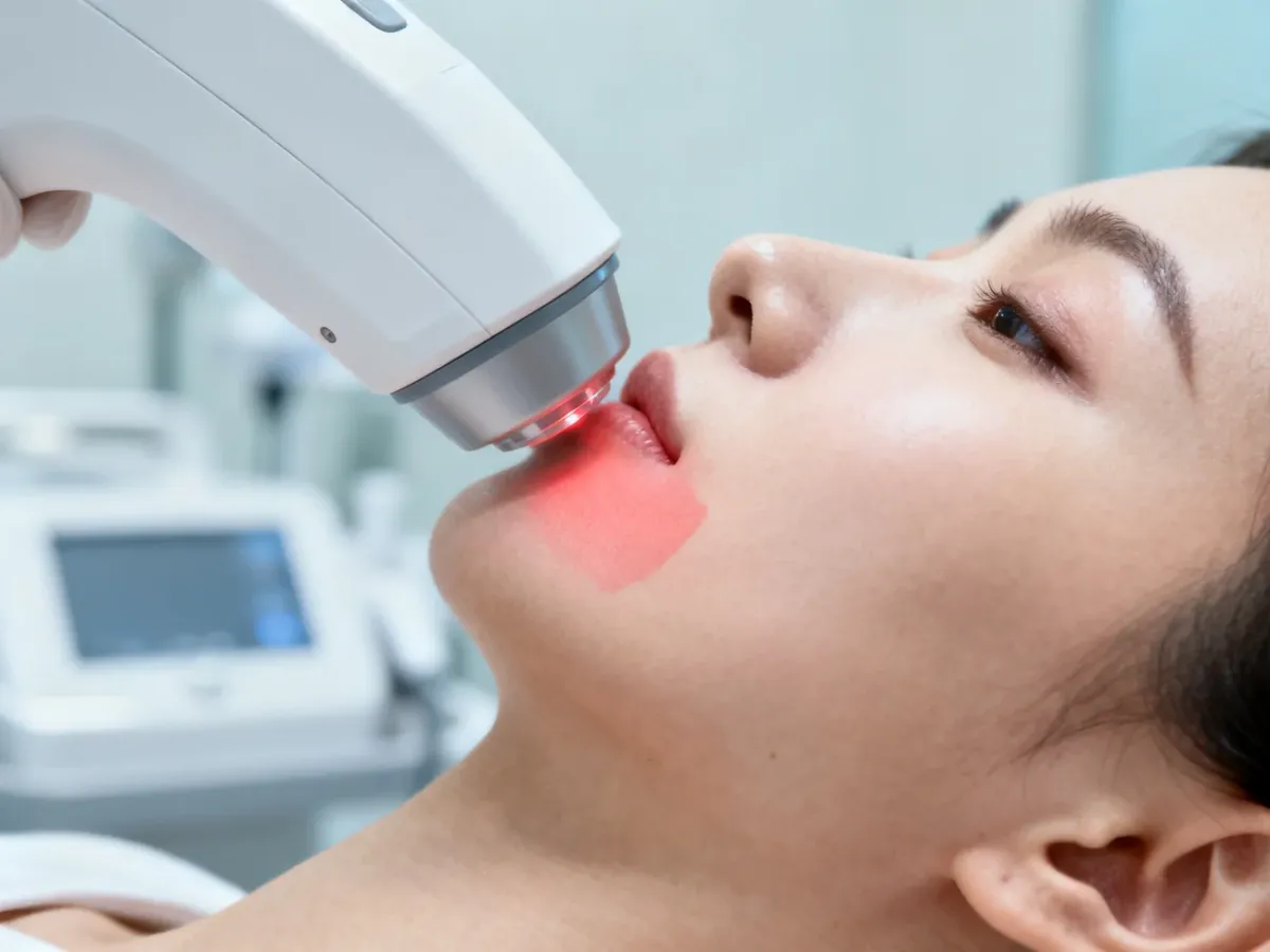 Głowica lasera medycznego podczas zabiegu usuwania rumienia na policzku pacjenta w gabinecie dermatologicznym.