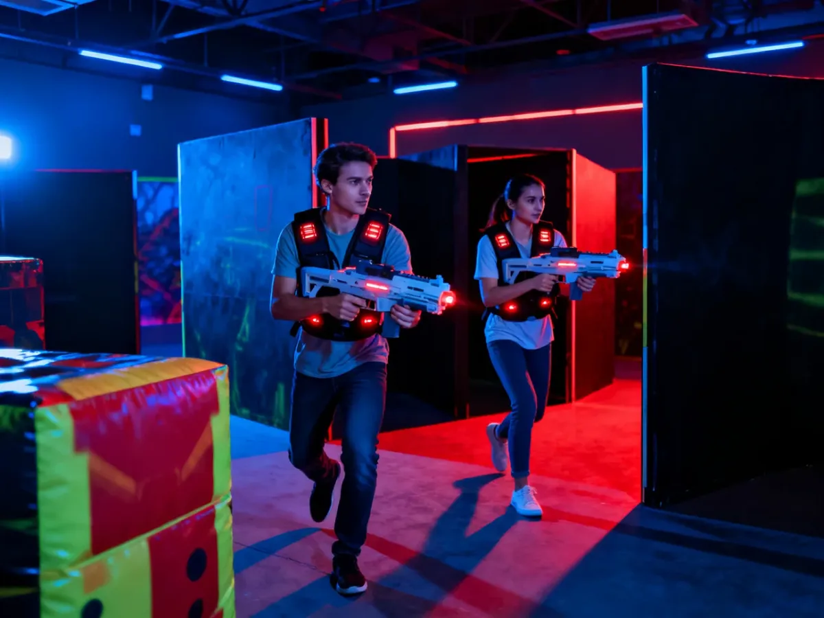 Gracze Laser Tag z karabinkami i kamizelkami poruszający się po oświetlonej arenie z przeszkodami