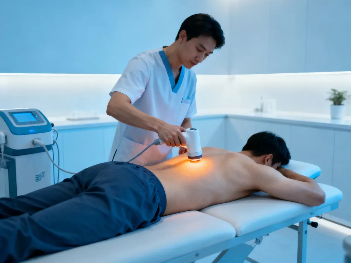 Fizjoterapeuta wykonujący laseroterapię wysokoenergetyczną dolnej części pleców pacjenta