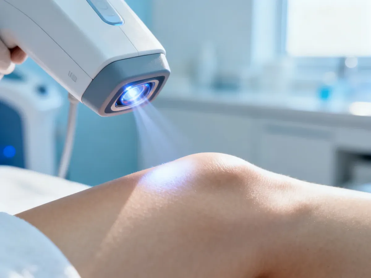Głowica nowoczesnego lasera medycznego przykładana do gładkiej skóry w profesjonalnym gabinecie kosmetologicznym.