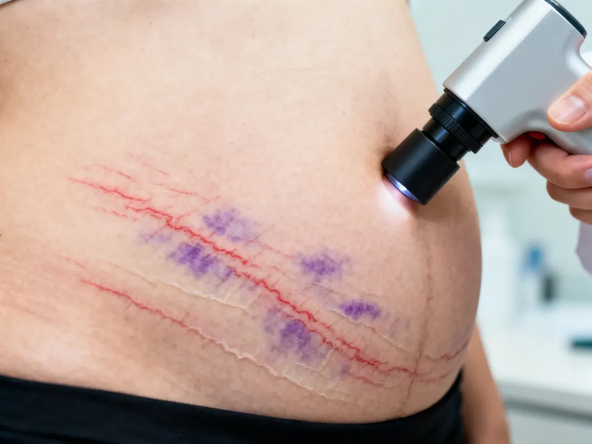 Dermatolog oceniający różne fazy rozstępów na skórze brzucha