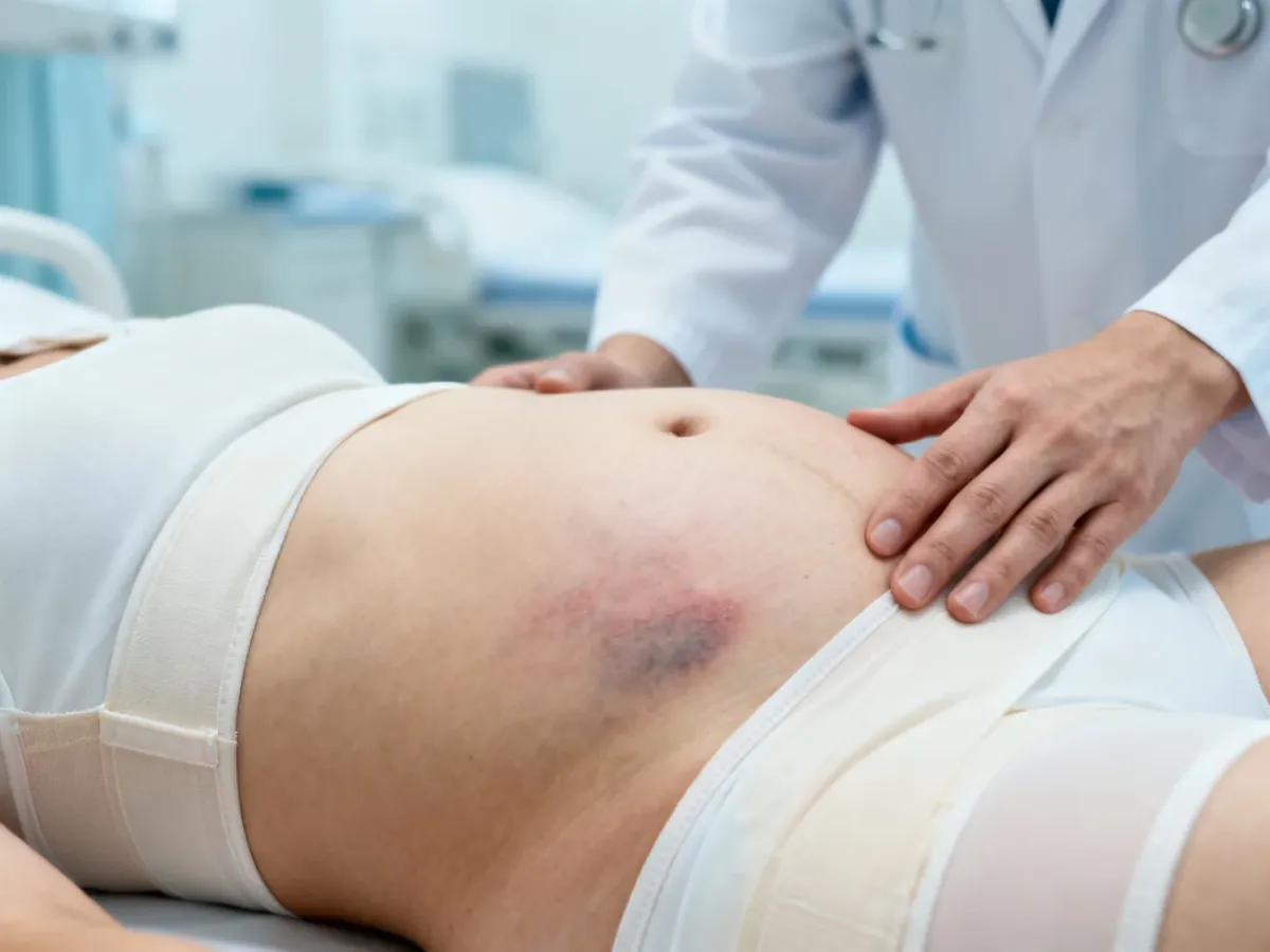 Lekarz ocenia obrzęk i siniaki po liposukcji u pacjenta