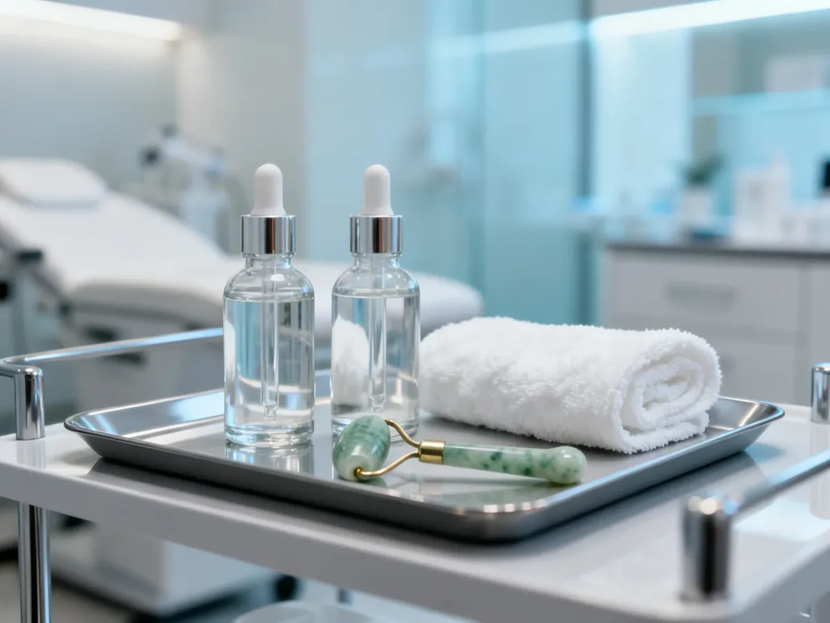 Minimalistyczny zestaw do pielęgnacji cery z serum i rollerem w profesjonalnym gabinecie dermatologicznym.
