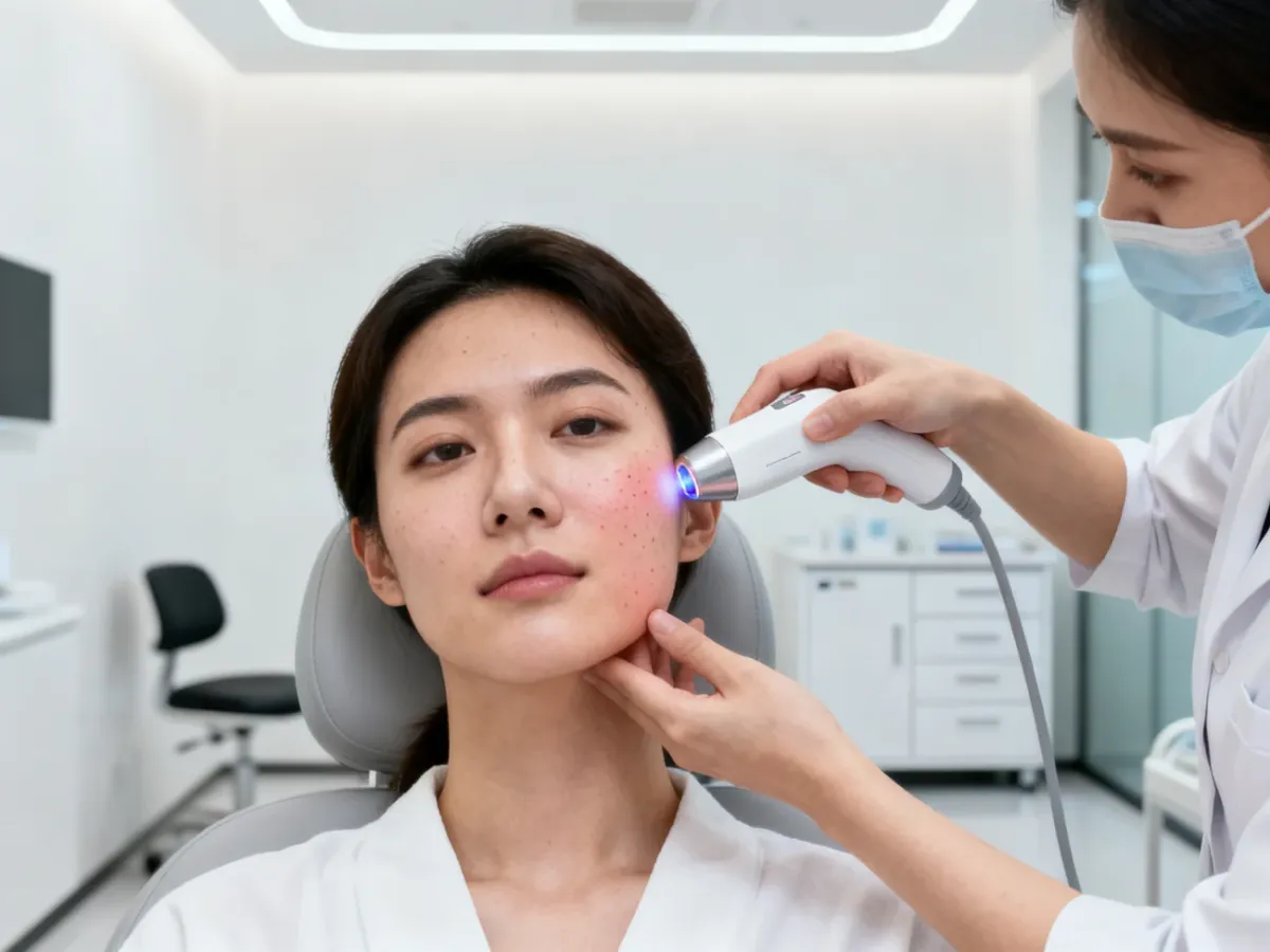 Pacjent podczas laseroterapii zmian trądzikowych w gabinecie dermatologicznym