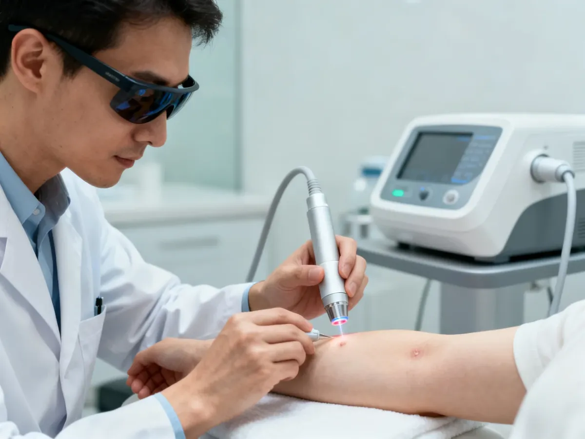 Dermatolog wykonujący laserowe usuwanie niewielkiej łagodnej zmiany skórnej