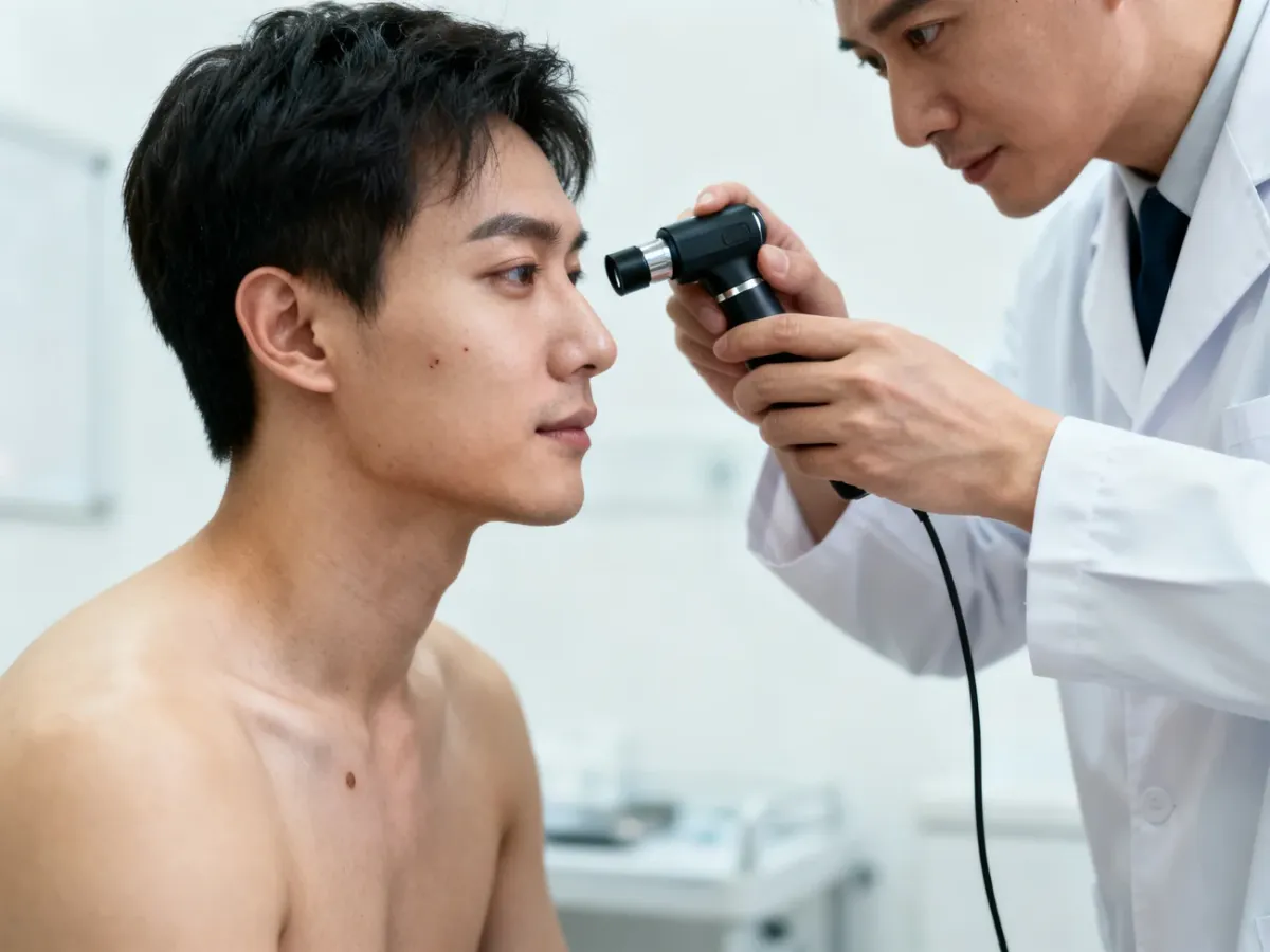 Dermatologist examining a facial pigmentation spot with a dermatoscope