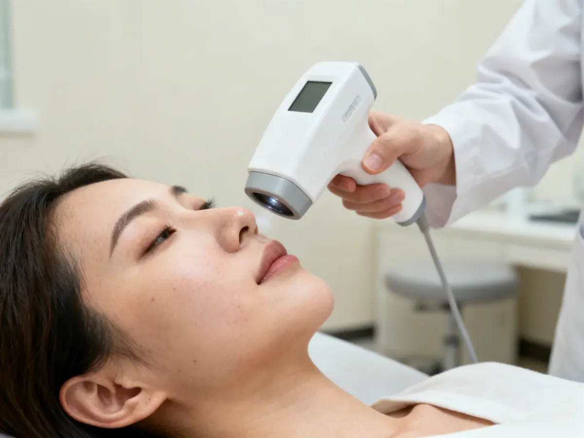 Specjalista oceniający przebarwienia skóry twarzy w gabinecie dermatologicznym