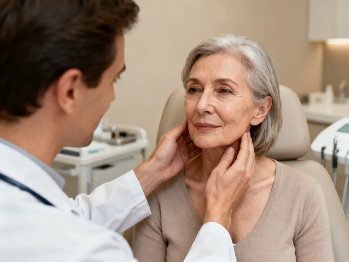 Dojrzała kobieta podczas konsultacji dermatologicznej oceniającej kondycję skóry twarzy