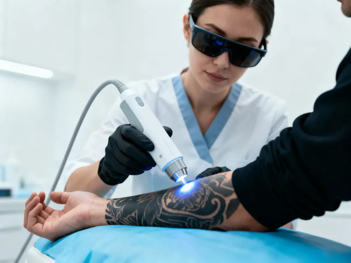 Zabieg usuwania ciemnego tatuażu laserem nanosekundowym w gabinecie dermatologicznym