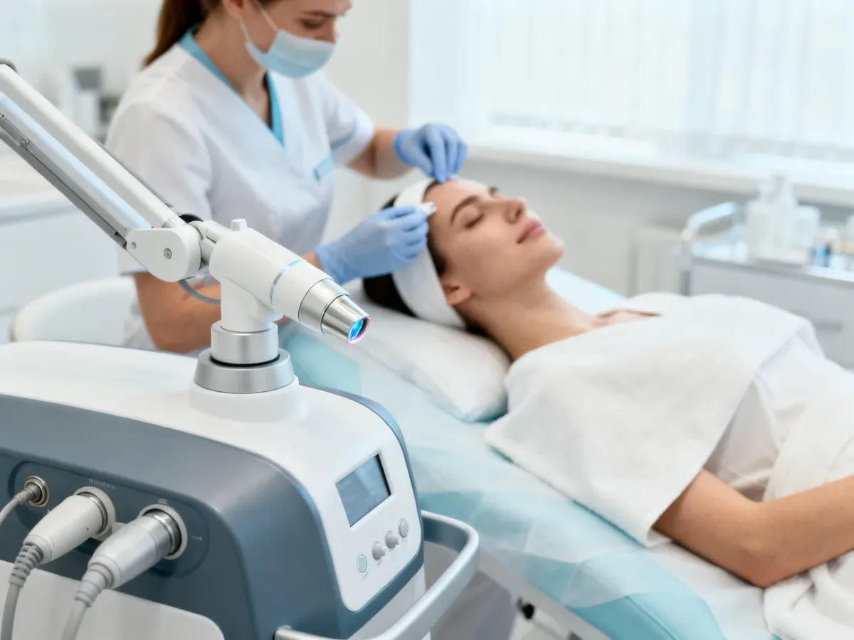 Specjalista przygotowujący pacjentkę do laserowego odmładzania twarzy w klinice