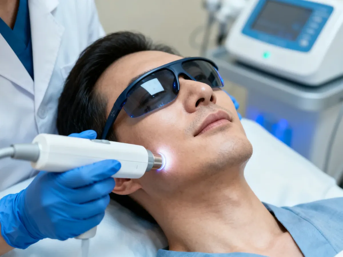 Zabieg laserowego odmładzania twarzy wykonywany w klinice dermatologicznej