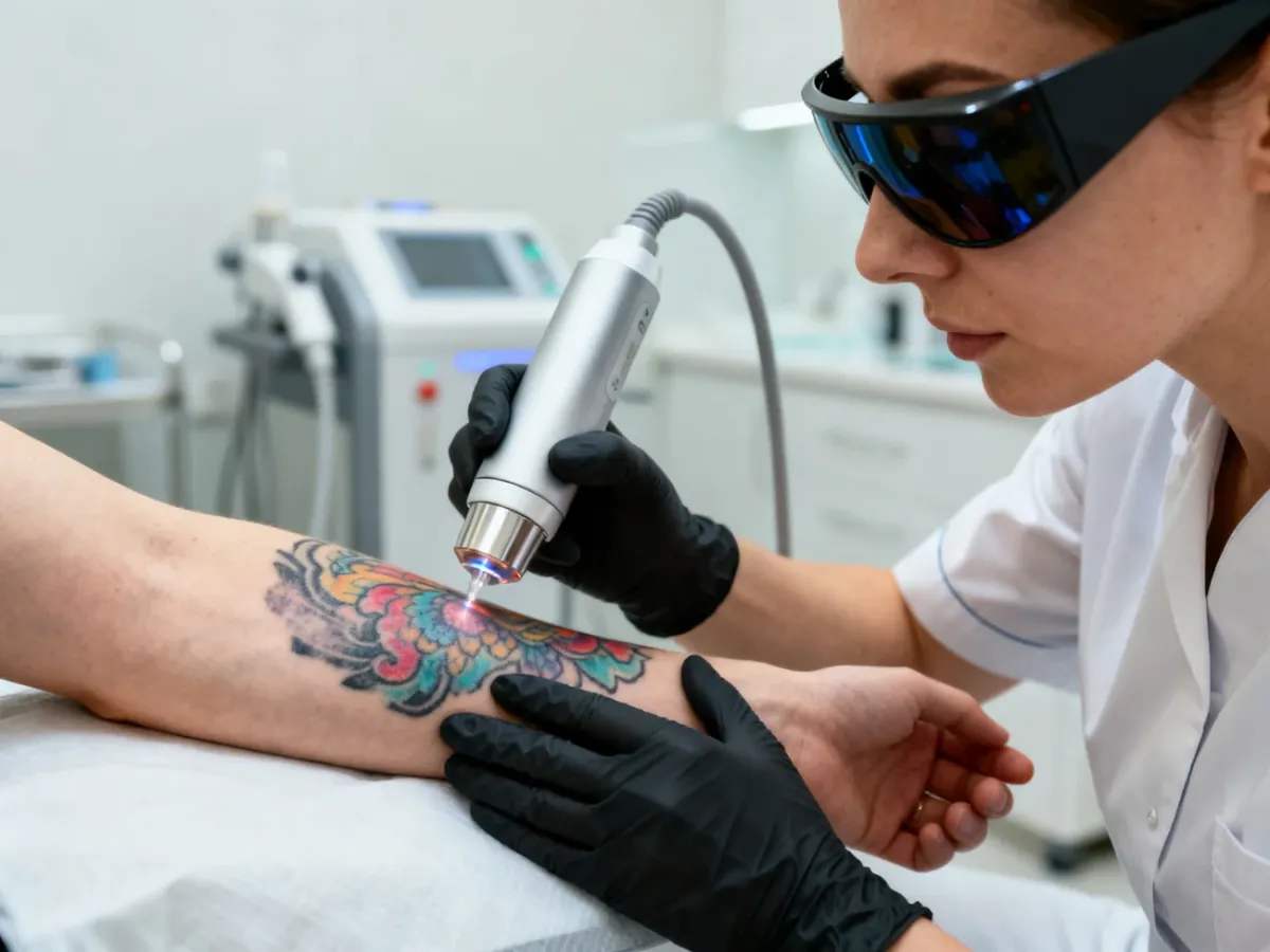 Specjalista wykonujący laserowe usuwanie wielokolorowego tatuażu na przedramieniu