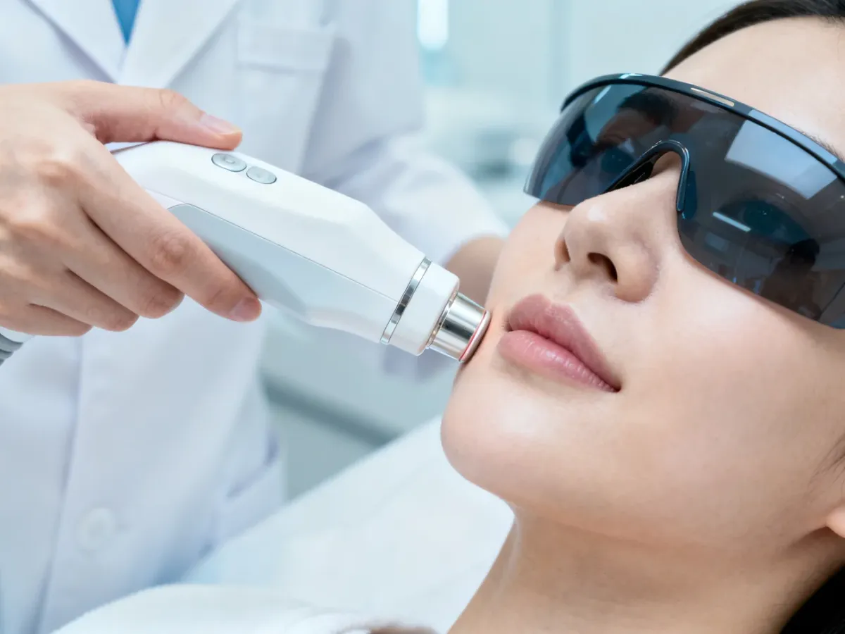 Zabieg laserem frakcyjnym CO2 wykonywany na policzku pacjentki w klinice dermatologicznej