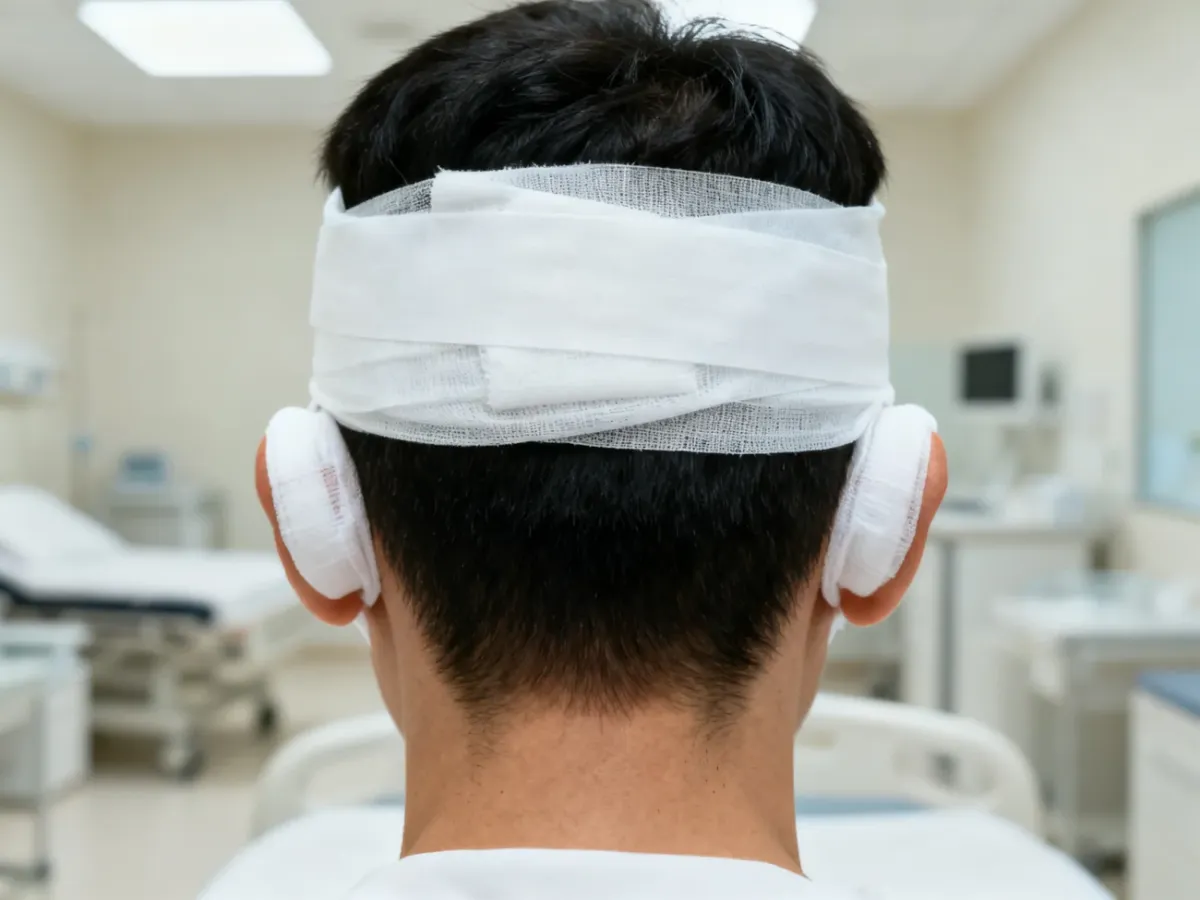 Pacjent po otoplastyce z opatrunkiem uciskowym na uszach